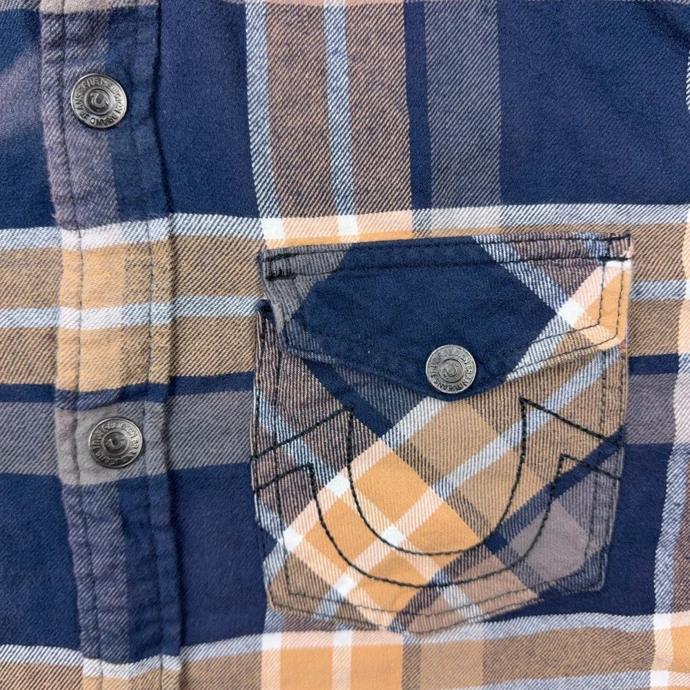 True Religion Shirt Mens Large Blue Tan Plaid Flannel Shacket Logo‎ Flap Pockets